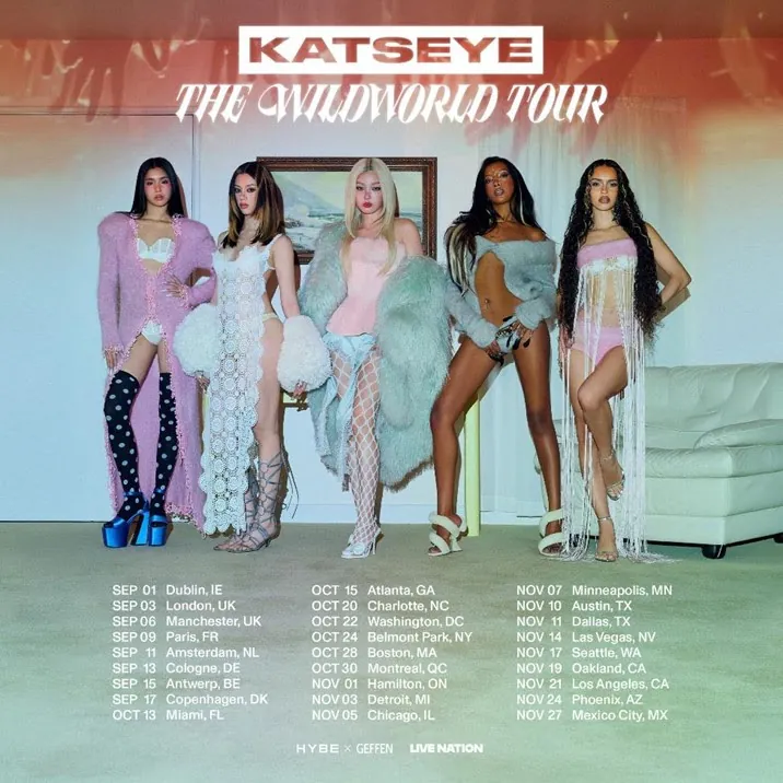 KATSEYE The Wildworld Tour poster with tour dates, including Chicago on November 5