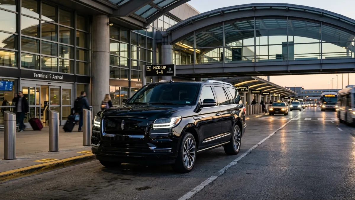 Black Lincoln Navigator at an O'Hare terminal curb