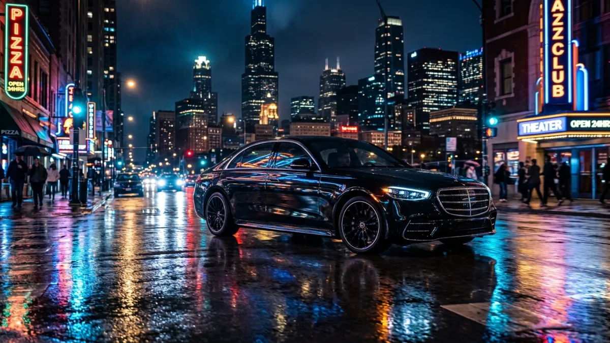 Chauffeur standing beside a black Mercedes-Benz S-Class limo in Chicago