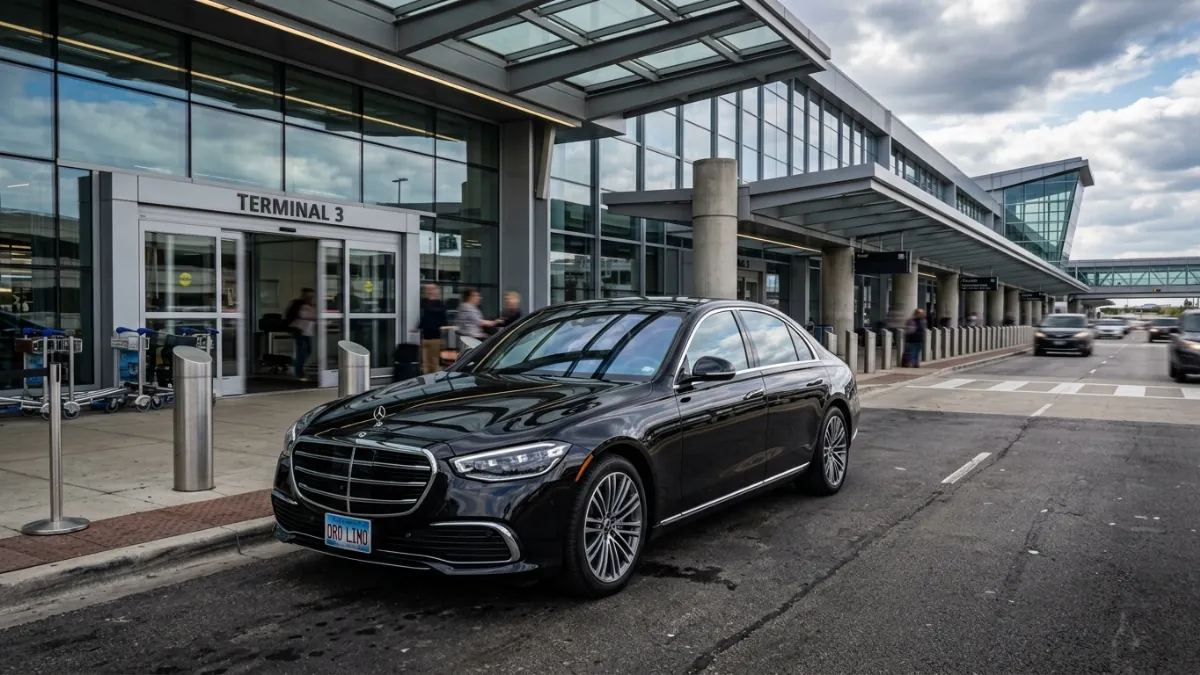 Black Mercedes-Benz S-Class sedan waiting for a passenger at O'Hare